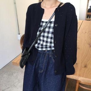 Pointelle Knit Cardigan / Plaid Knit Cami Top