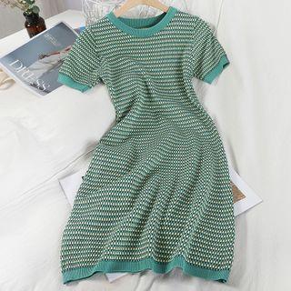 Plaid Short-sleeve Mini Knit Dress Green - One Size