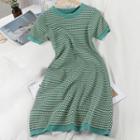 Plaid Short-sleeve Mini Knit Dress Green - One Size