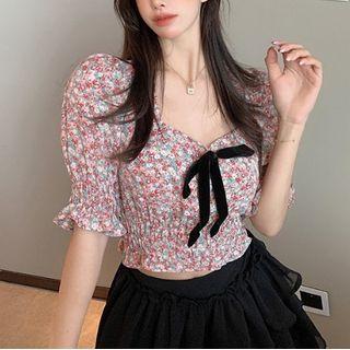 Puff-sleeve Floral Print Cropped Blouse Floral - Blue - One Size