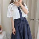 Neck Tie Sailor Short-sleeve Shirt / Midi A-line Skirt