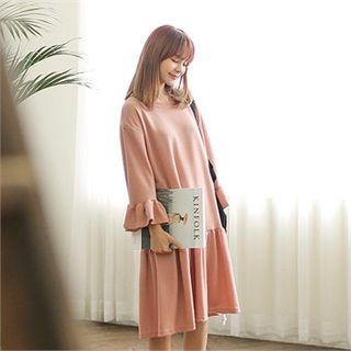 Frill-detail Long-sleeve Midi Dress