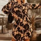 Long-sleeve Tie-dye Buckled Mini Shirt Dress