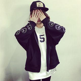 Smiley Face Embroidered Hooded Zip Jacket