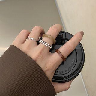 Set Of 4: Acrylic / Alloy Ring Set Of 4 - Silver & Brown - One Size