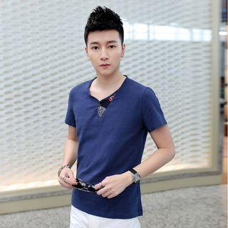 Short Sleeve V-neck Print Panel Linen Cotton T-shirt