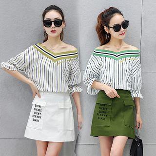 Set: Striped 3/4 Sleeve Top + Lettering A-line Skirt