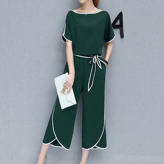 Set: Short-sleeve Piped Chiffon Top + Capri Wide-leg Pants