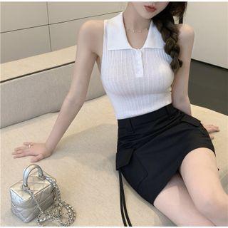 Sleeveless Polo Knit Top / Mini Fitted Skirt