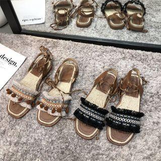 Embroidered Tasseled Lace-up Sandals