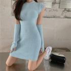 Set: Cap-sleeve Knit Sheath Dress + Gloves Light Blue - One Size