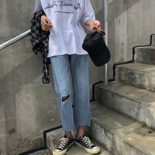 Loose-fit Ripped Cropped Straight Cut Pants