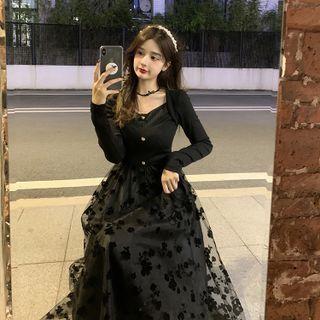 Long-sleeve Knit Mesh Overlay Dress