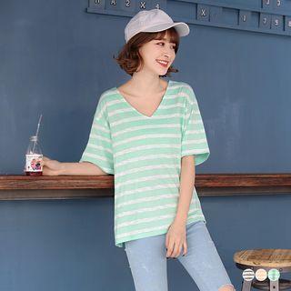 Short Sleeve V-neck Striped Tee