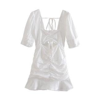 Square Collar Drawstring Ruched Ruffle Trim A-line Dress
