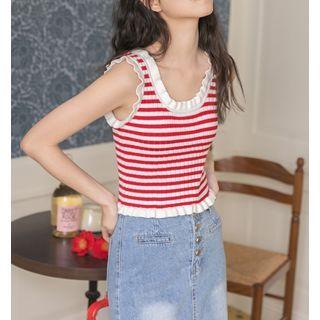 Ruffle Trim Sleeveless Striped Top