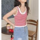 Ruffle Trim Sleeveless Striped Top