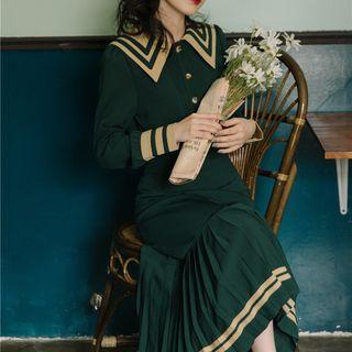 Set: Sailor Collar Pintuck Blouse + Accordion Pleat Midi Skirt