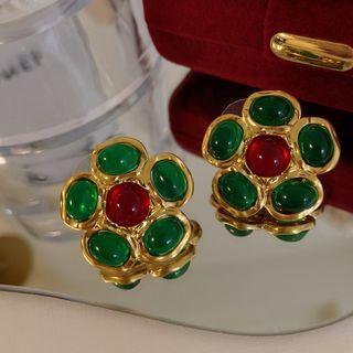 Flower Resin Alloy Earring 1 Pair - Earring - Flower - Silver Pin - Green - One Size