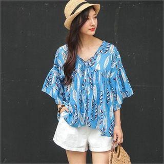 Batwing-sleeve Shirred Foliage Blouse