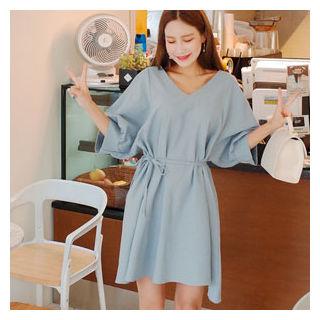 Balloon Elbow-sleeve A-line Dress With Cord