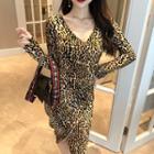 Leopard Print Long-sleeve Sheath Dress Leopard - Brown - One Size