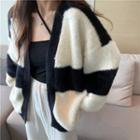 Two-tone Furry Open-front Cardigan Black & White - One Size