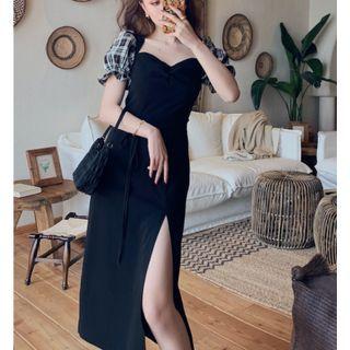Short-sleeve Plaid Panel Side-slit Midi Sheath Dress