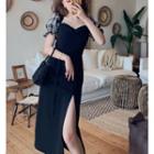 Short-sleeve Plaid Panel Side-slit Midi Sheath Dress
