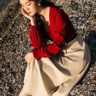 Set : Plain Blouse + High-waist Plain A-line Dress
