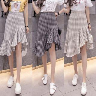 Plaid Ruffle Hem A-line Midi Skirt