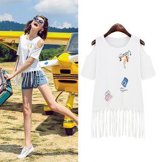 Cutout-shoulder Fringed Top