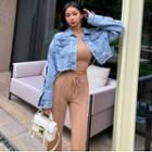 Washed Ripped Denim Jacket Light Blue - One Size