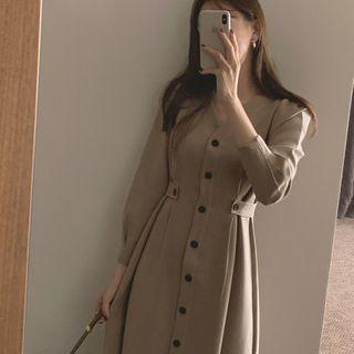 Long-sleeve Button Up Midi Dress