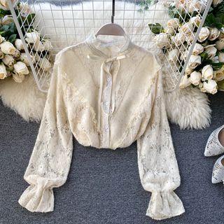 Balloon-sleeve Bow Lace Shirt