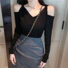 Long-sleeve Off-shoulder Top / High-waist Asymmetric Plain Skirt