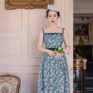 Contrast Trim Spaghetti Strap Floral Midi A-line Dress