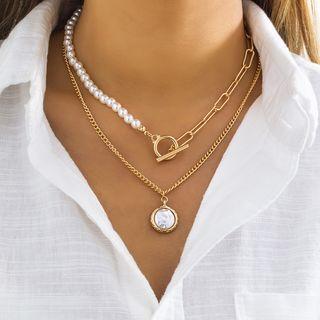 Set: Disc Pendant Alloy Necklace + Faux Pearl Alloy Choker