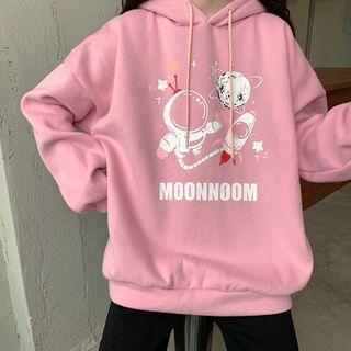 Lettering Cartoon Astronaut Print Hoodie