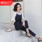 Striped Camisole Top / Cropped Pants / Elbow-sleeve Blouse / Set