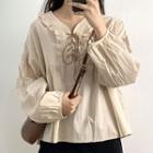 Long-sleeve Ruffled Lace-up Blouse As Shown In Figure - One Size