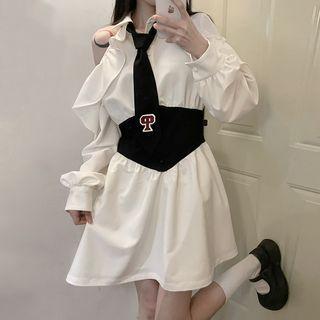 Cold Shoulder Frill Trim Mini Shirt Dress