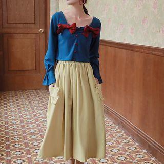 Set:square-neck Long-sleeve Top + Plain High-waist Skirt