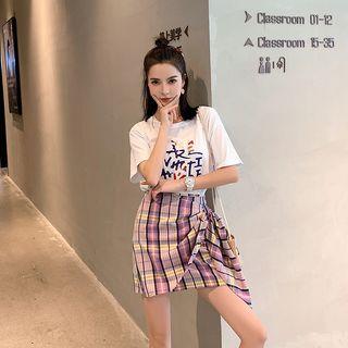 Set: Lettering Short-sleeve T-shirt + Plaid Irregular Skirt