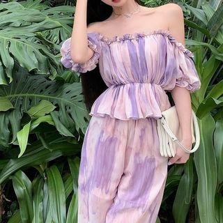Off-shoulder Tie-dyed Shirred Blouse / Wide Leg Pants
