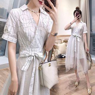 Print Short-sleeve Mesh Overlay Shirtdress