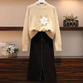 Set: Snowflake Embroidered Sweater + Midi Knit Skirt