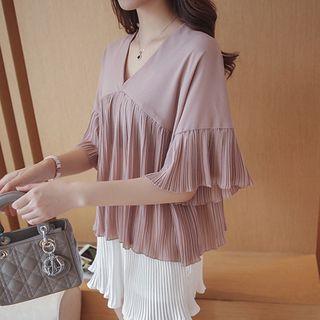 Pleated V-neck Elbow-sleeve Chiffon Blouse