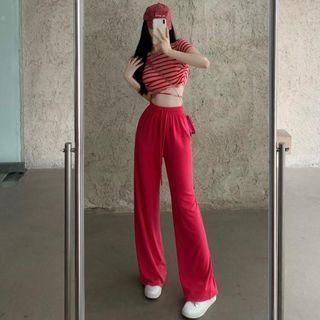 Tie-hem Striped Crop T-shirt / Details Wide-leg Pants