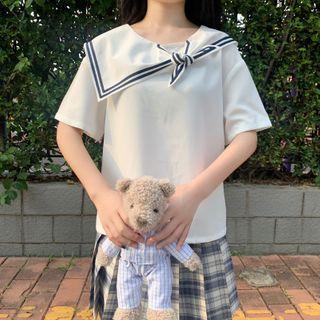 Collared Short-sleeve Top White - One Size